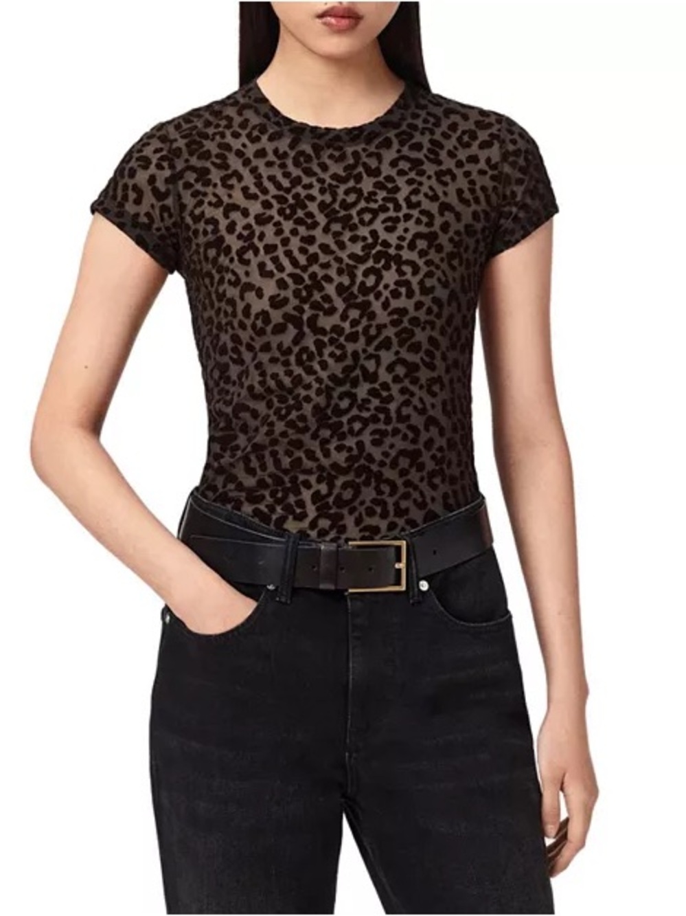 AllSaints Leopard-Print Short Sleeve Tee in Brown and Black